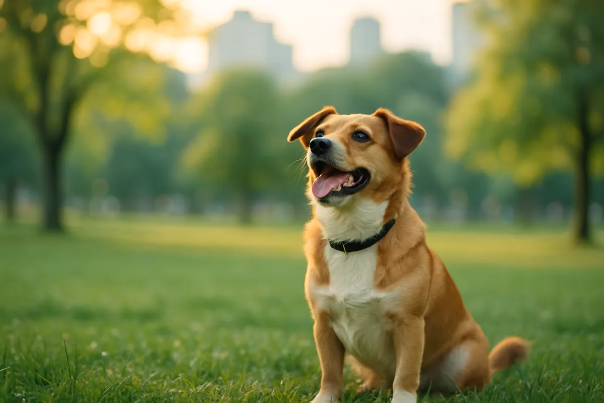 Un chien attentif assis dans un parc, prêt pour la balade