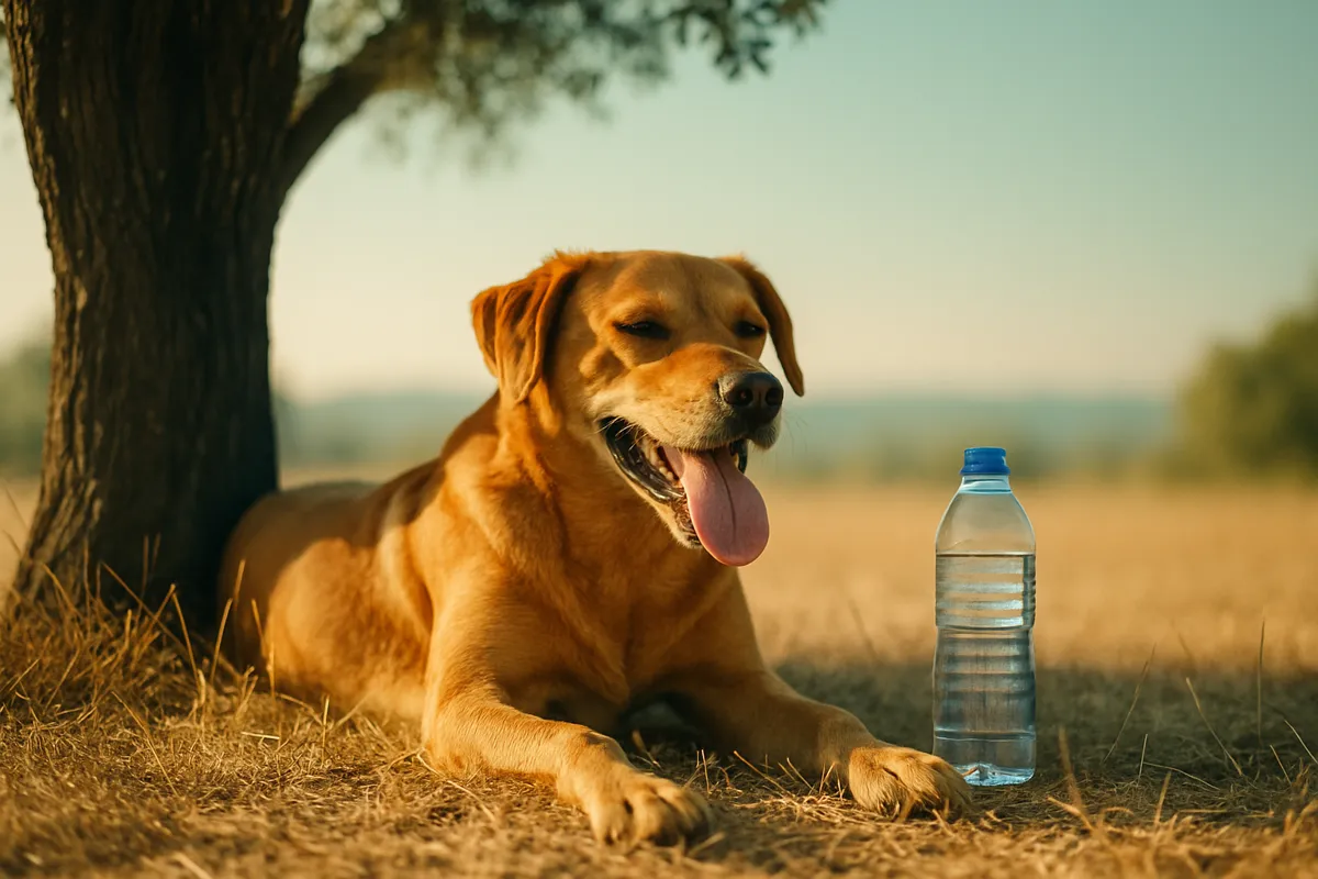 Un chien se repose à l'ombre d'un arbre par forte chaleur